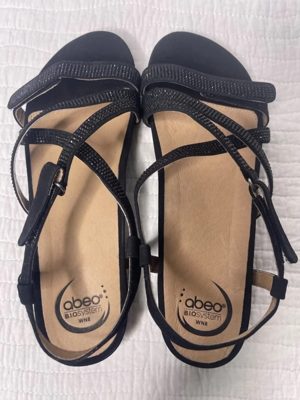NEW Abeo BIO System Sylvie Strappy Leather Sandals 8N Rhinestone Black Comfort